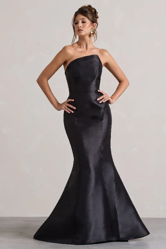 Ruffled Women Dress with Multiple Layers for a Playful and Girly StyleDefine | Black Satin Asymmetric Fishtail Maxi Dress