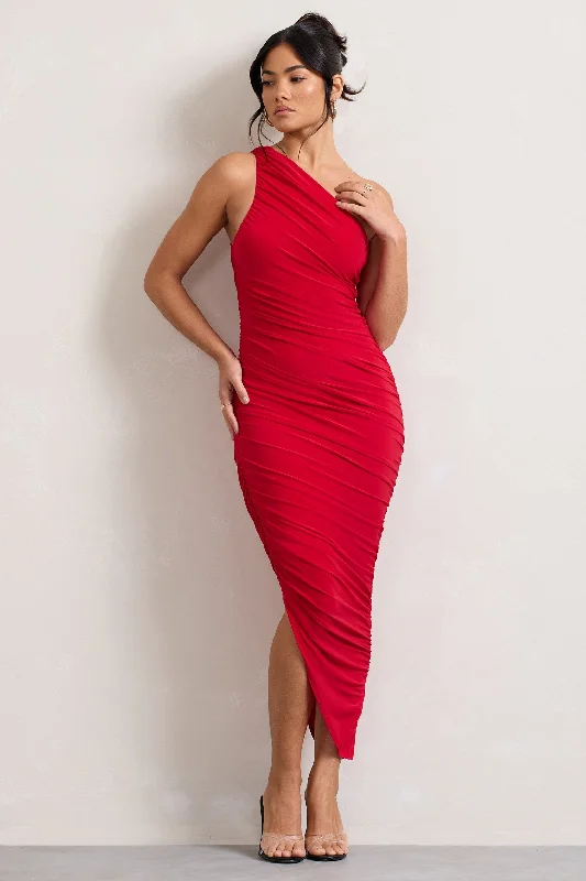 Empire Waist Women Dress to Accentuate the Bust and Conceal the WaistDorit | Red One Shoulder Asymmetric Ruched Midi Dress