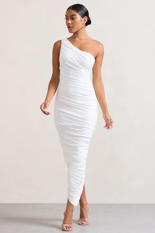 Shift Women Dress with a Simple and Classic Design for Everyday WearDorit | White One Shoulder Asymmetric Ruched Midi Dress