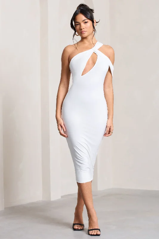 Lace - Embellished Women Dress for an Elegant and Sophisticated AppearanceElla | White Asymmetric Neck Cut Out Midi Dress