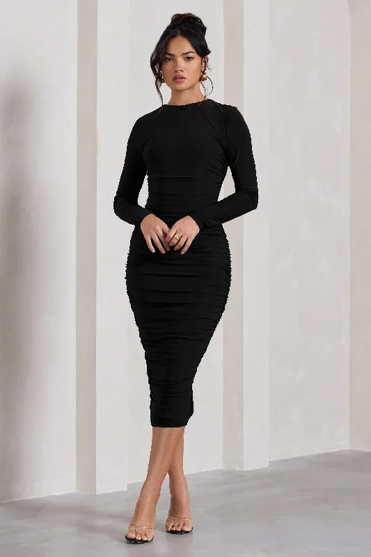 Halter Neck Women Dress to Show Off the Shoulders and NecklineEmilie | Black Ruched Long-Sleeve Midi Dress