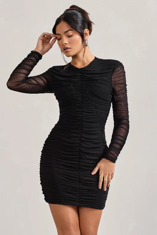 Ruffled Women Dress with Multiple Layers for a Playful and Girly StyleEuphoria | Black Ruched Long Sleeve Mini Dress