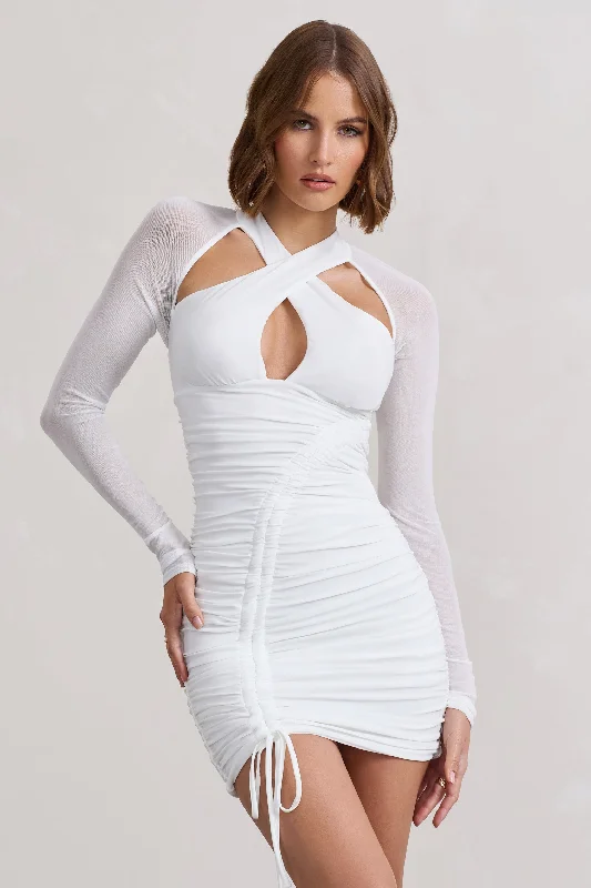 Mini Women Dress with a Short Hem for a Young and Trendy StyleEyes On You | White Long Sleeve Halter Neck Mini Dress