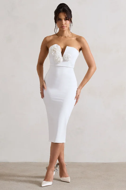 Pleated Women Dress with a Timeless and Elegant TextureFanciful | White Bodycon V-Neck Midi Dress With Flowers