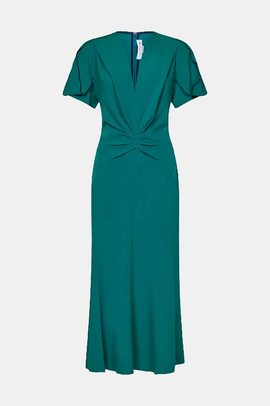 Sheath Women Dress with a Tailored Fit for a Professional LookGathered V-Neck Midi Dress in Petroleum