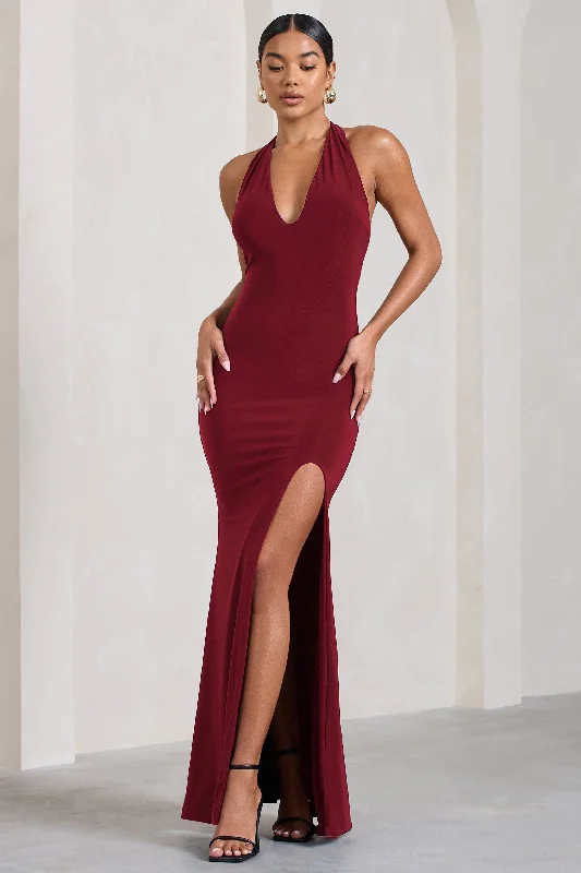 Ruffled Women Dress with Multiple Layers for a Playful and Girly StyleGlamour | Berry Backless V Plunge Halter Neck Maxi Dress With Side Split