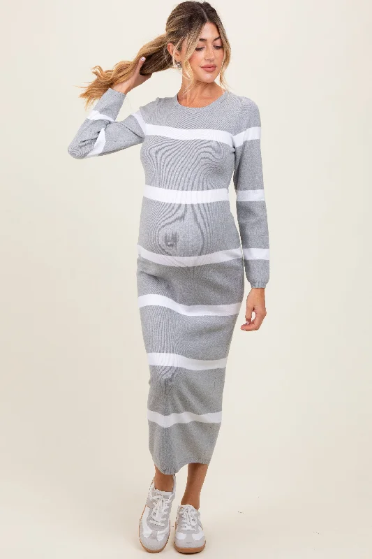 Mock Neck Women's Angora Blend Sweater Dresses in Solid ColorsHeather Grey Striped Knit Long Sleeve Maternity Midi Sweater Dress