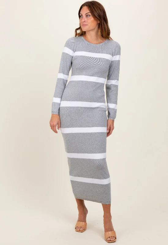 A - Line Women's Merino Wool Sweater Dresses in Classic StylesHeather Grey Striped Knit Long Sleeve Midi Sweater Dress