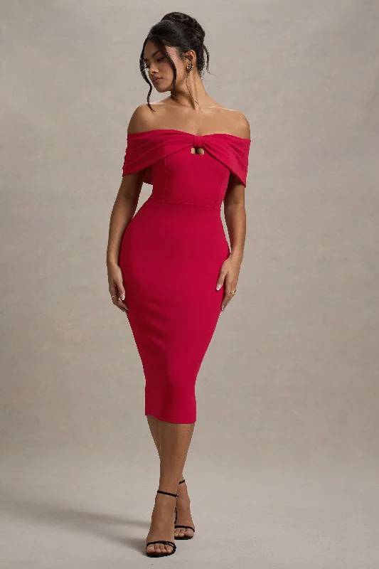 Plus Size Women Dress with a Flattering A - Line Cut for Comfort and StyleHope | Red Bow Bardot Midi Dress