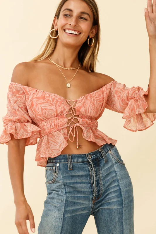 Ball Gown Women Dress with a Full Skirt for a Princess - like LookJosephina Off-Shoulder Lace-Up Front Crop Top Palm Print Pink