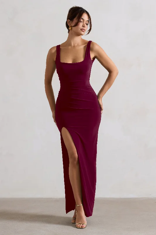 Sleeveless Women Dress in Bright Colors for Summer PartiesKate | Berry Square Neck Maxi Dress with Plunge Back and Side Thigh Split