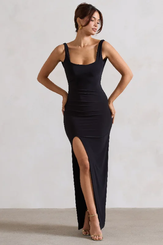 Long - Sleeve Women Dress in Velvet for a Luxurious Winter LookKate | Black Square Neck Maxi Dress with Plunge Back and Side Thigh Split