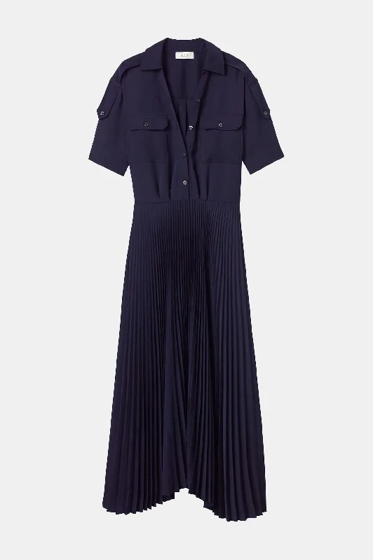 Sheath Women Dress with a Tailored Fit for a Professional LookLiam Pleated Midi Dress in Navy