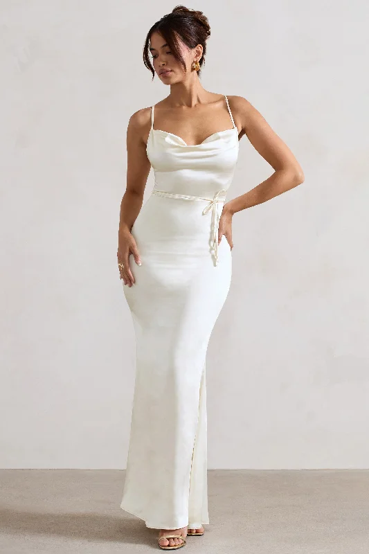 Sleeveless Women Dress in Bright Colors for Summer PartiesLifetime | Ivory Satin Cowl Neck Maxi Dress With Cross Back Detail