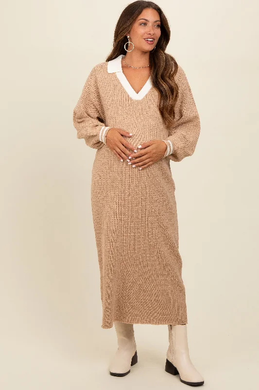 Plus Size Women's Fit - and - Flare Sweater Dresses with Ruffled HemLight Taupe Waffle Knit Polo Sweater Dress