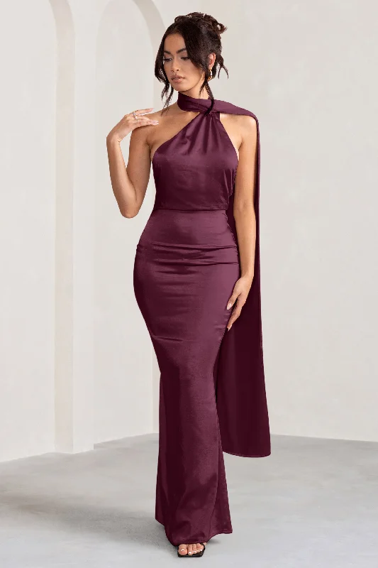 Wrap - Style Women Dress with Adjustable Fit for All Body TypesMademoiselle | Burgundy Satin Asymmetric Scarf Neck Backless Maxi Dress