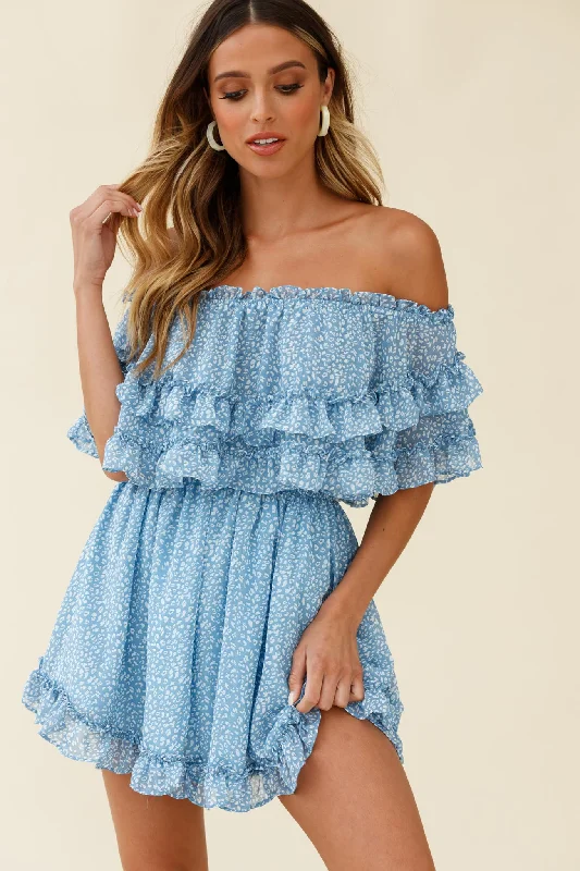 Mermaid - Style Women Dress with a Fitted Silhouette for Special OccasionsMeet Me At Sunset Bardot Neckline Frill Trim Dress Speckle Print Blue