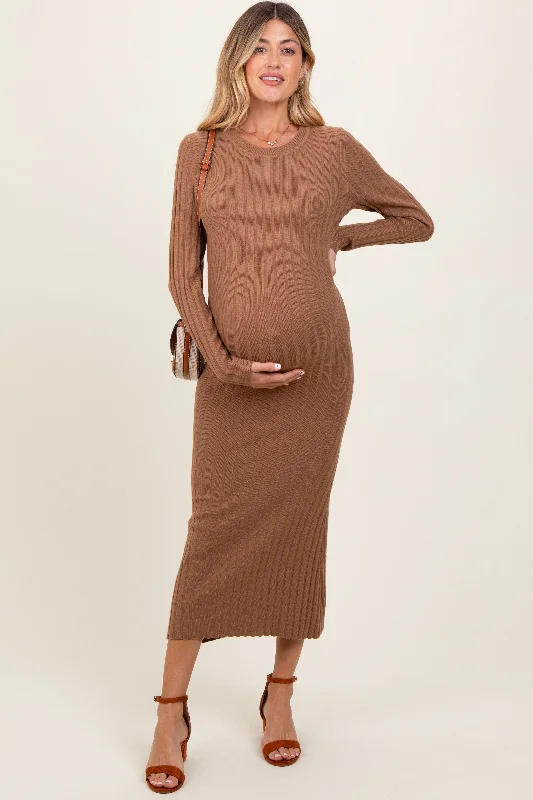 Midi - Length Women's Shetland Wool Sweater Dresses in Traditional PatternsMocha Ribbed Knit Fitted Maternity Midi Sweater Dress