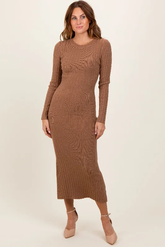 Plus Size Women's Fit - and - Flare Sweater Dresses with Ruffled HemMocha Ribbed Knit Fitted Midi Sweater Dress