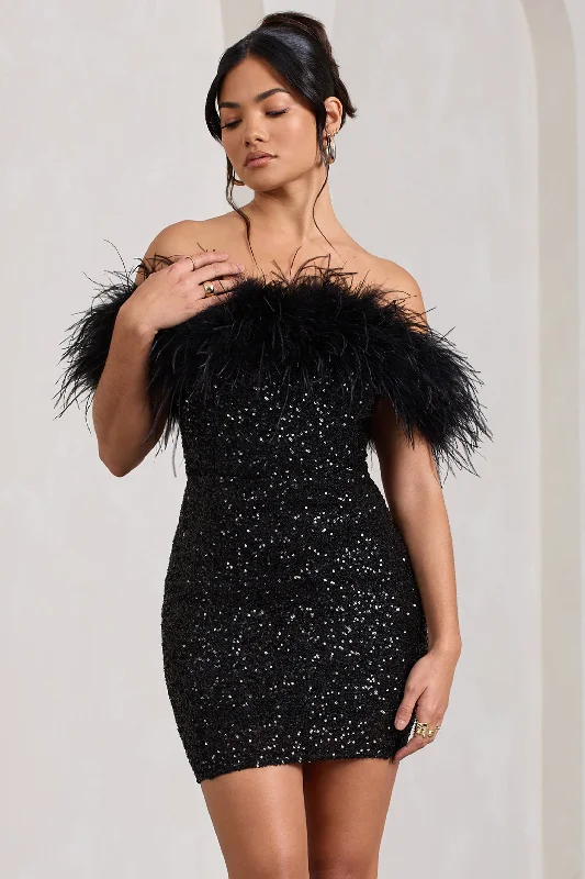 Plus Size Women Dress with a Flattering A - Line Cut for Comfort and StyleNew Money | Black Bodycon Sequin Mini Dress With Feather Trim