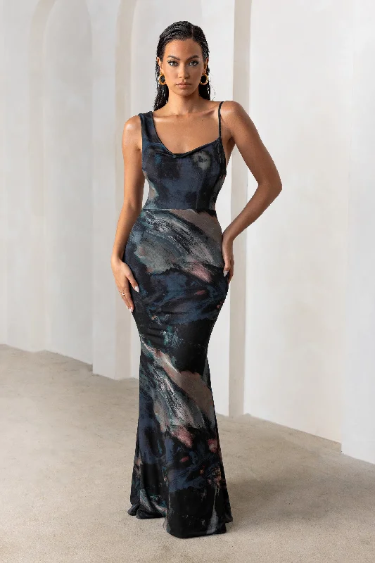 Empire Waist Women Dress to Accentuate the Bust and Conceal the WaistPhantasy | Black Abstract Print Asymmetric Neckline Cowl Maxi Dress