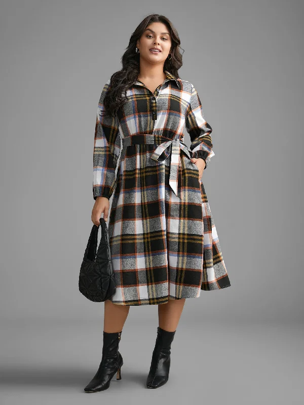 Plus Size Women's Fit - and - Flare Sweater Dresses with Ruffled HemPlaid Button Up Belted Knit Dress