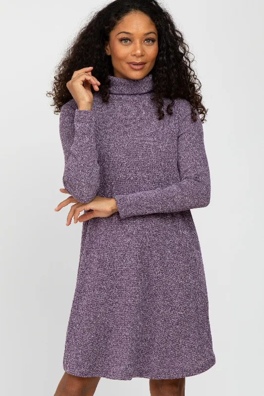 Cowl Neck Women's Cashmere Blend Sweater Dresses for WinterPurple Ribbed Turtleneck Dress