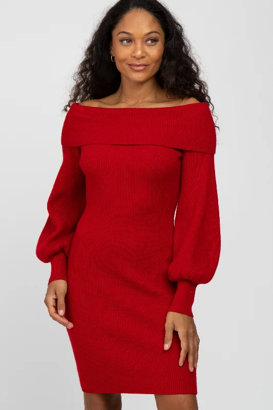 Longline Women's Mohair Sweater Dresses in a Loose FitRed Off Shoulder Bubble Sleeve Sweater Dress