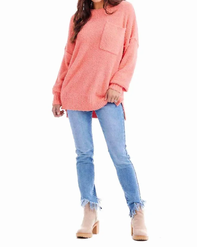 Plus Size Women's Long Sleeve Cable Knit Sweater DressesRome Chenille Sweater In Coral