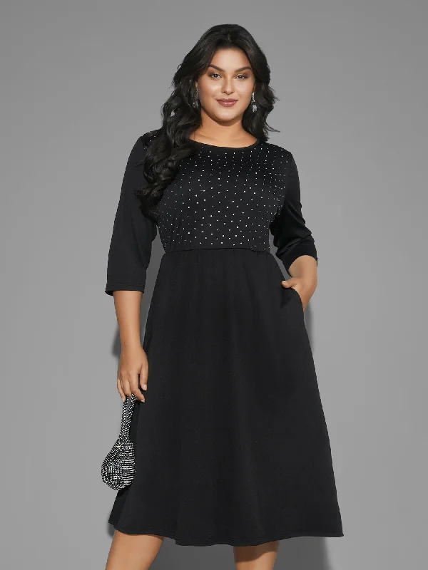 Plus Size Women's Tunic - Style Sweater Dresses with PocketsRound Neck Rhinestone Patchwork Midi Dress