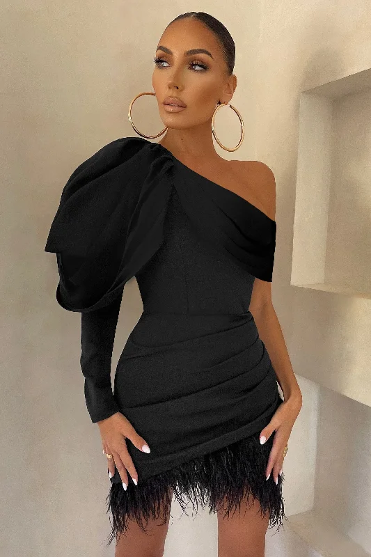 Backless Women Dress for a Sexy and Alluring Look at Evening EventsRSVP | Black Asymmetric Volume Sleeve Draped Feather Mini Dress