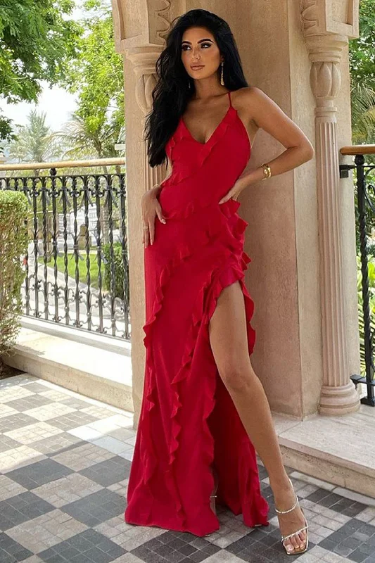 Strapless Women Dress with a Built - in Bra for Comfort and SupportRun The World | Red Plunge Neckline Ruffle Maxi Dress