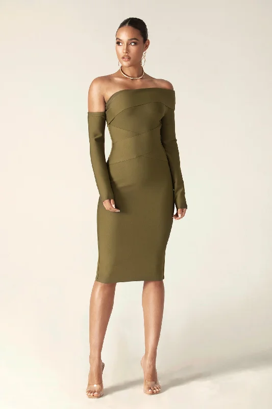 Off - the - Shoulder Women Dress for a Romantic and Feminine LookShiva Bandage Dress (Olive Green)