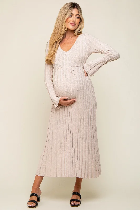 Plus Size Women's Tunic - Style Sweater Dresses with PocketsTaupe Ribbed Maternity Knit Maxi Dress