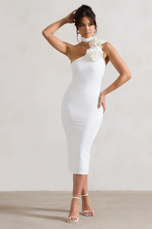 Lace - Embellished Women Dress for an Elegant and Sophisticated AppearanceThe Soiree | White Bodycon Midi Dress With Ruffled Choker