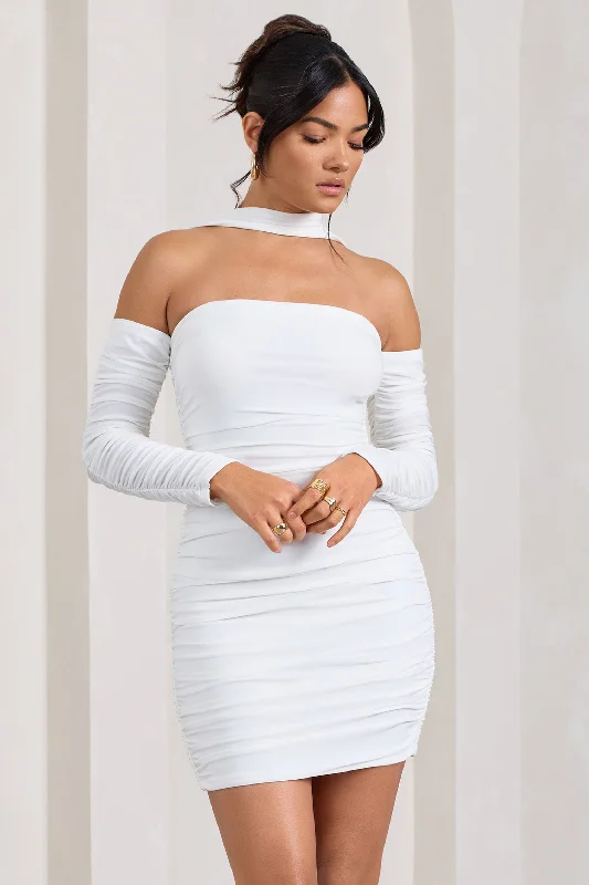 Empire Waist Women Dress to Accentuate the Bust and Conceal the WaistThea | White Ruched Long-Sleeved Bodycon Mini Dress With Halter Collar