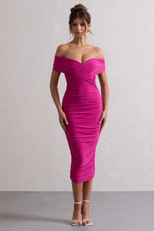 Off - the - Shoulder Women Dress for a Romantic and Feminine LookUnwrapped | Dark Pink Ruched Twist Bardot Midi Dress