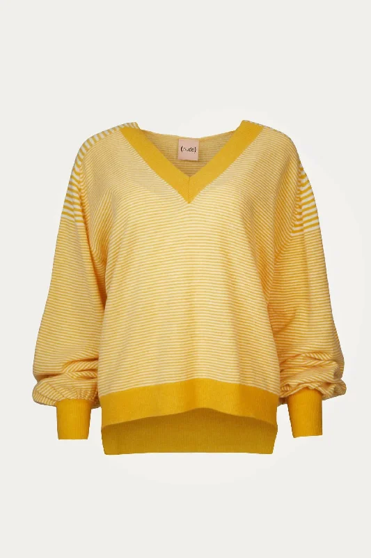 Plus Size Women's Long Sleeve Cable Knit Sweater DressesV-Neck Sweater In Yellow/off White