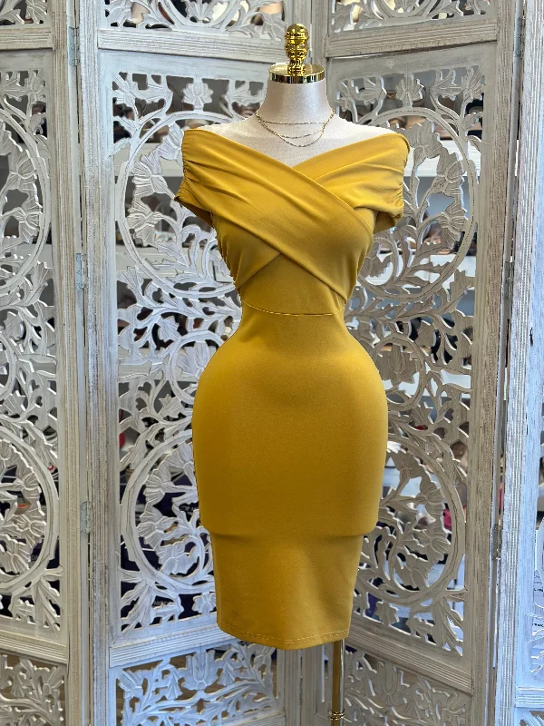 Halter Neck Women Dress to Show Off the Shoulders and NecklineWrapped Mustard Off Shoulder Dress- Stretchy, Estira