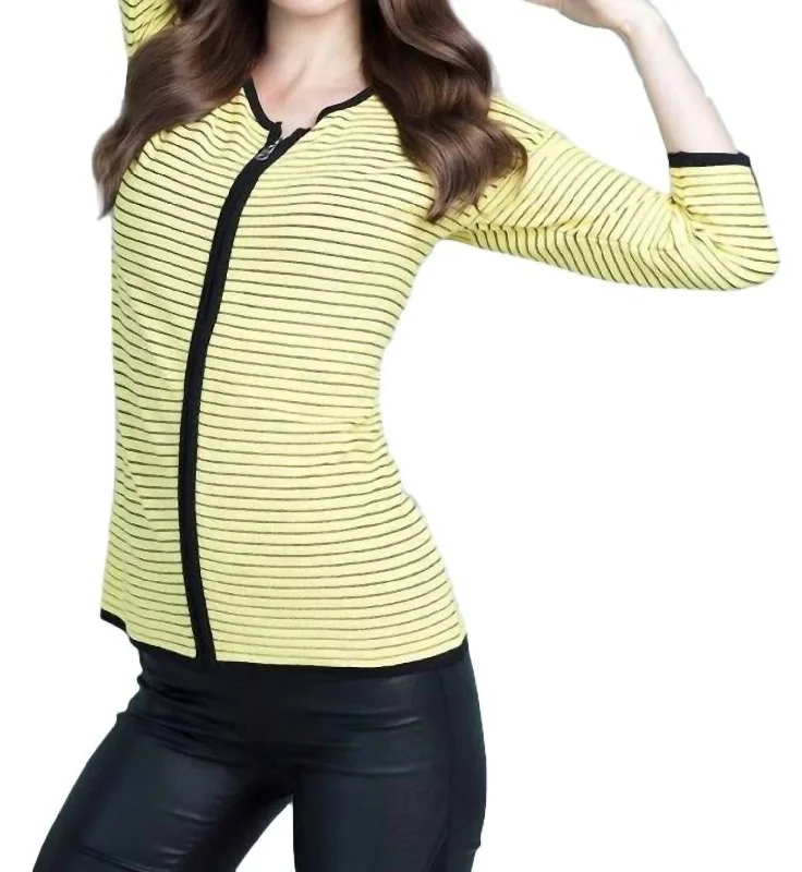 Longline Women's Mohair Sweater Dresses in a Loose FitZip-Front Striped Cardigan In Yellow