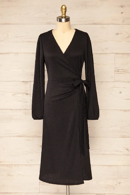 Midi dresses with side slits for a sexy and elegant appearanceBelfort Black | Textured Wrap Midi Dress w/ Long Sleeves