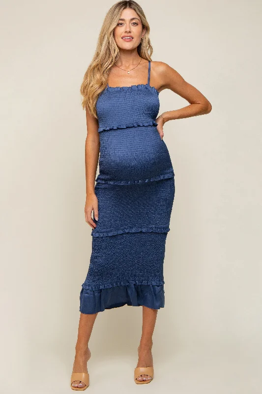 Midi dresses with polka dot prints for a playful summer outfitBlue Satin Smocked Fitted Maternity Maxi Dress