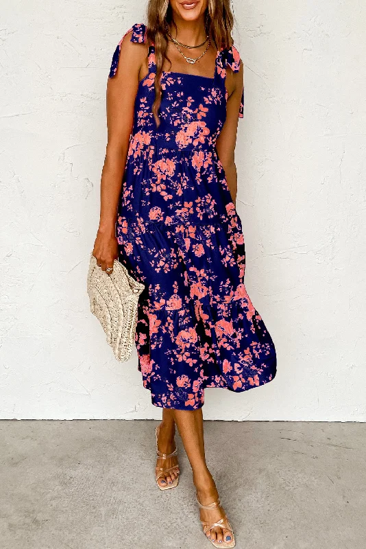 Midi dresses with cotton - blend materials for everyday comfortFloral Knotted Straps Tiered Midi Dress