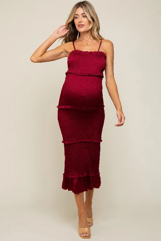 Midi dresses with button - front designs for a classic touchBurgundy Satin Smocked Fitted Maternity Midi Dress