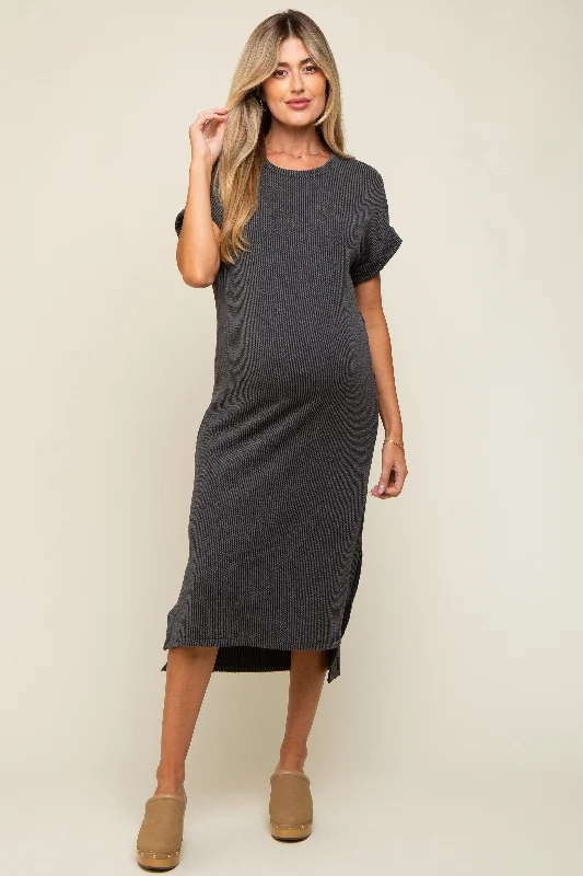 Midi dresses with off - the - shoulder necklines for a flirty lookCharcoal Ribbed Short Sleeve Maternity Midi Dress