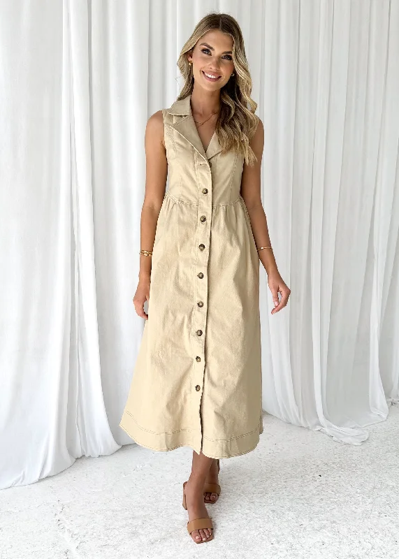 Midi dresses with belted waists to accentuate the figureFurger Stretch Denim Midi Dress - Beige