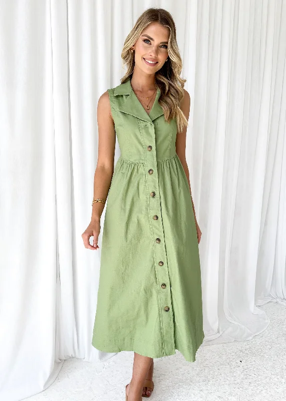 Midi dresses with pleated skirts for a timeless and elegant appealFurger Stretch Denim Midi Dress - Khaki