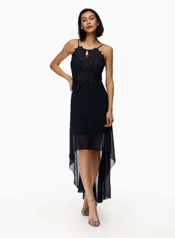 Midi dresses with ruffled bodices for a more pronounced feminine lookHigh Low Keyhole Detail Dress