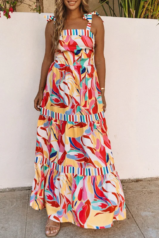 Midi dresses with ruffled bodices for a more pronounced feminine lookAbstract Stripe Trim Maxi Sundress