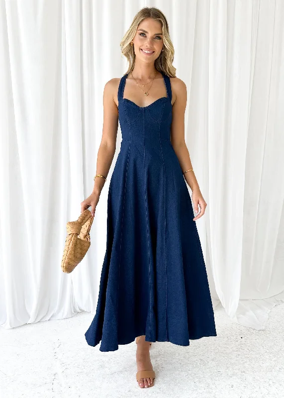 Midi dresses with tassel accents for a bohemian and free - spirited styleParmen Stretch Denim Midi Dress - Indigo